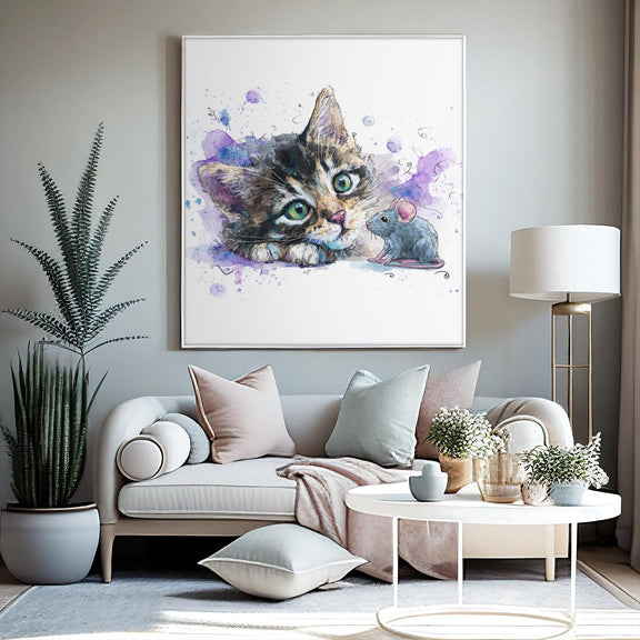 Grey Tabby Kitten Watercolor Print, Nursery Cat Art (Digital Download)