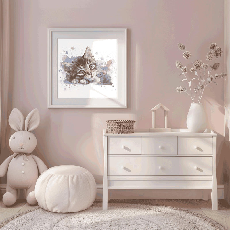 Grey Tabby Kitten Watercolor Print, Nursery Cat Art (Digital Download)