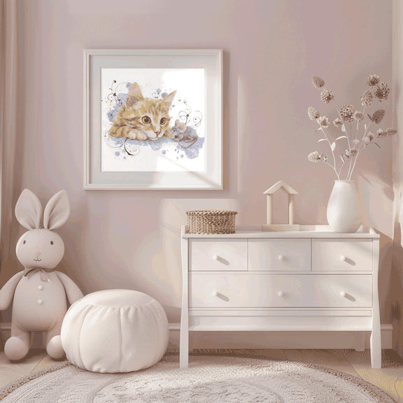 Orange Tabby Kitten Watercolor Print, Nursery Cat Art (Digital Download)