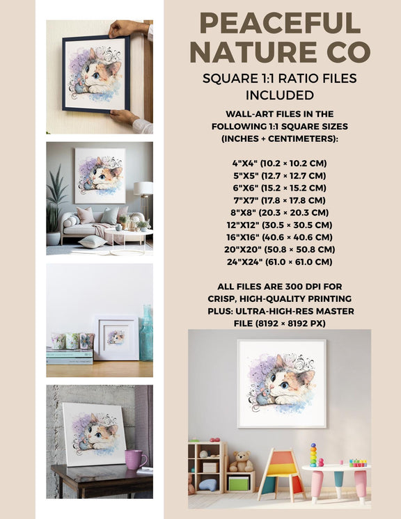 Calico Kitten Watercolor Print, Nursery Cat Art (Digital Download)