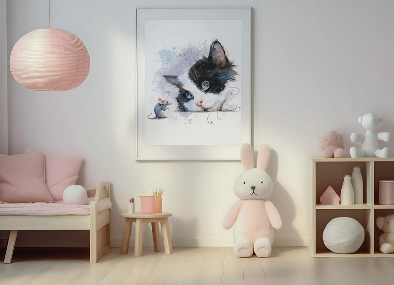 Watercolor Tuxedo Kitten Print, Blue Eyes, Nursery Wall Art (Digital Download)