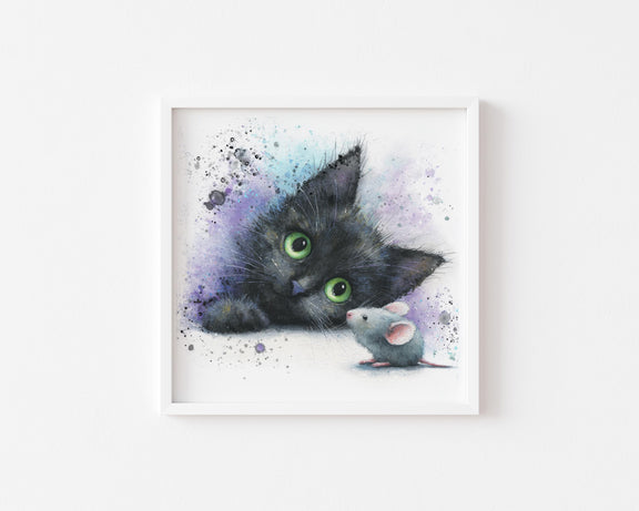 Black Kitten Watercolor Print | Cat & Mouse Nursery Art (Digital Download)
