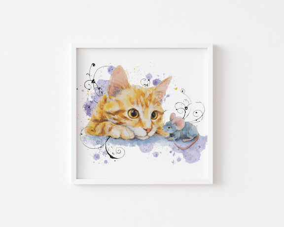 Orange Tabby Kitten Watercolor Print, Nursery Cat Art (Digital Download)