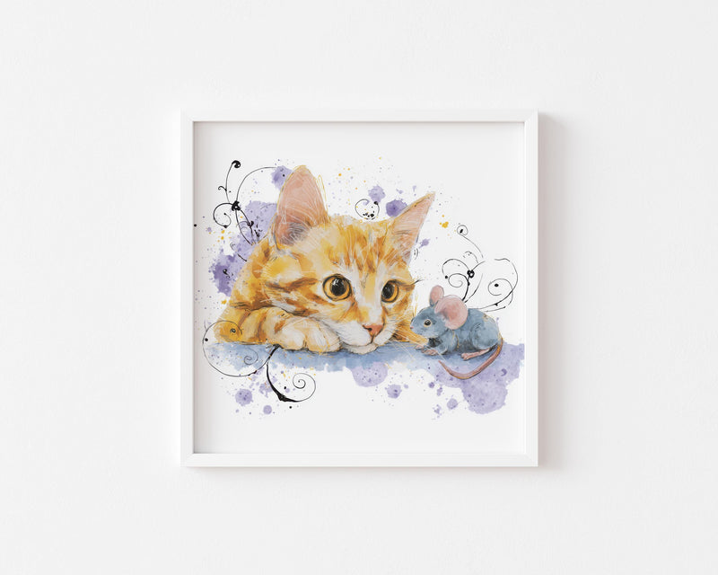 Orange Tabby Kitten Watercolor Print, Nursery Cat Art (Digital Download)
