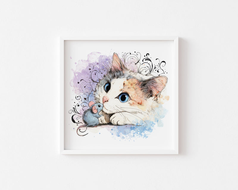 Calico Kitten Watercolor Print, Nursery Cat Art (Digital Download)