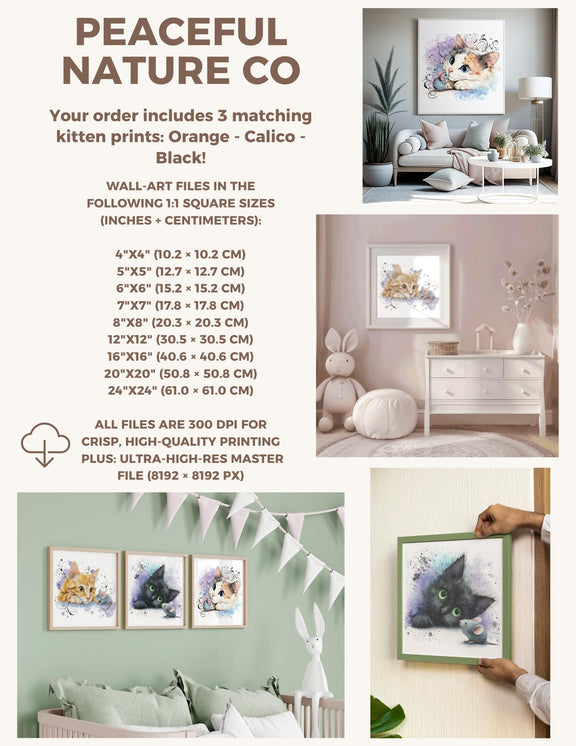 Watercolor Kitten Prints Set – Nursery Cat Wall Art, Baby Room Decor (Digital Download)