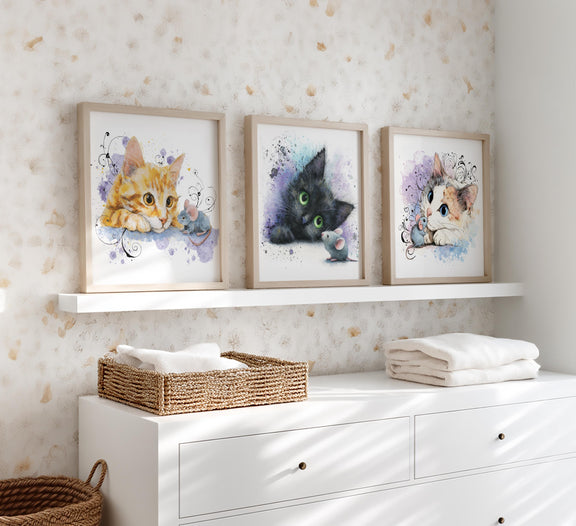 Watercolor Kitten Prints Set – Nursery Cat Wall Art, Baby Room Decor (Digital Download)
