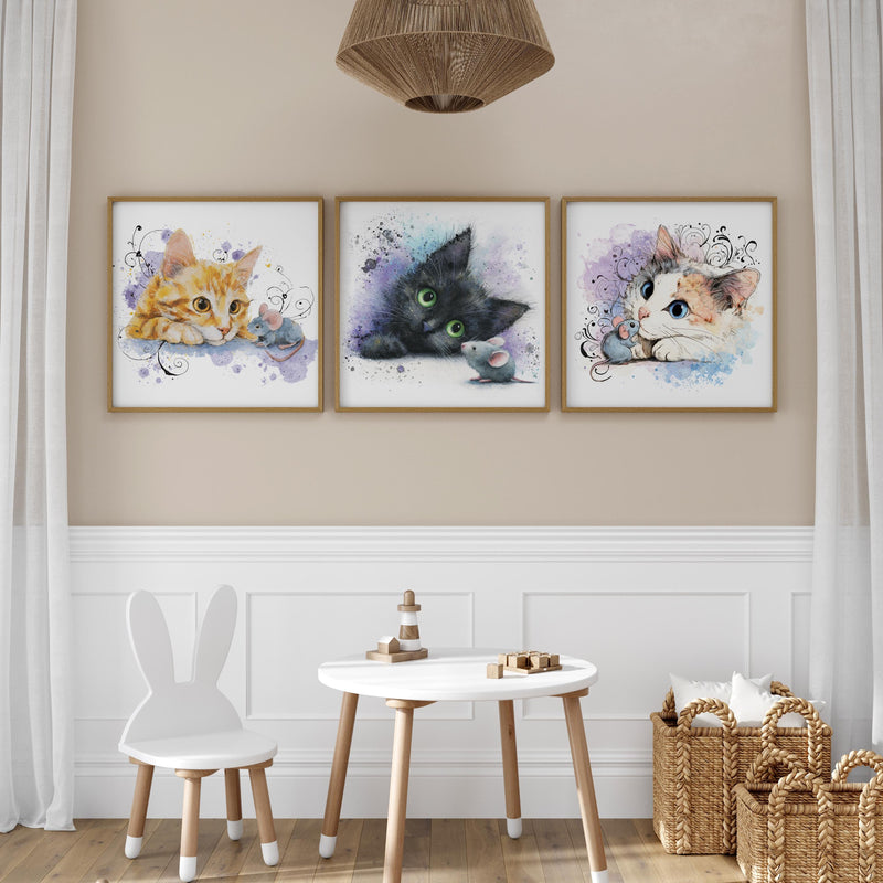 Watercolor Kitten Prints Set – Nursery Cat Wall Art, Baby Room Decor (Digital Download)