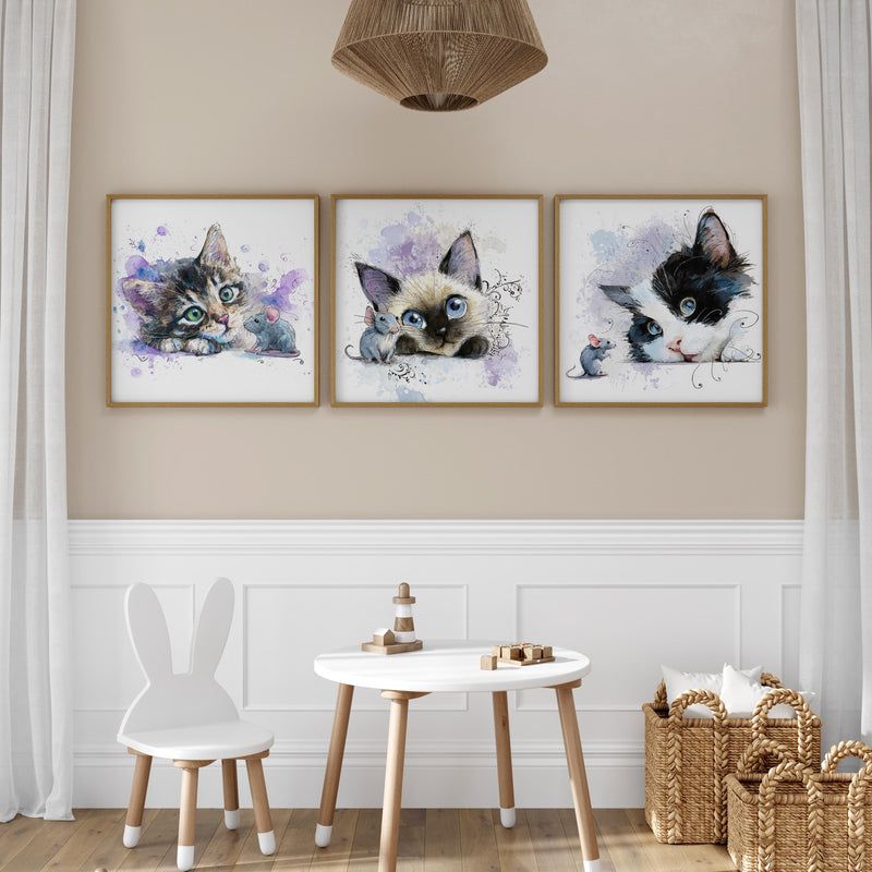 Watercolor Kitten Prints – Nursery Wall Art, Cat Trio (Digital Download)
