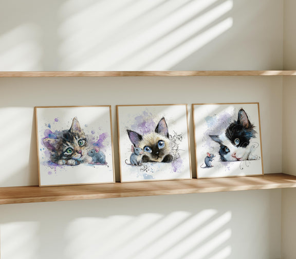 Watercolor Kitten Prints – Nursery Wall Art, Cat Trio (Digital Download)