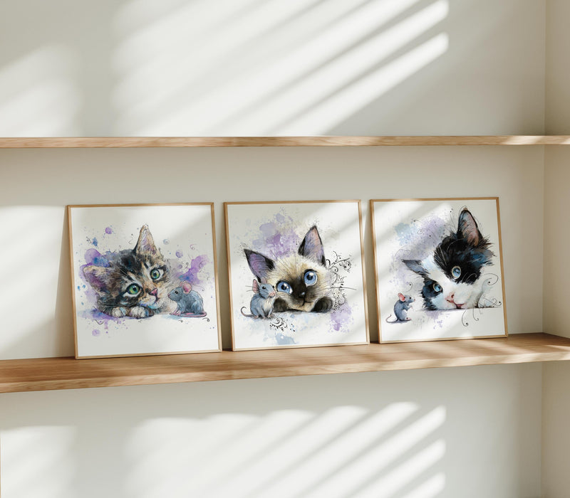 Watercolor Kitten Prints – Nursery Wall Art, Cat Trio (Digital Download)