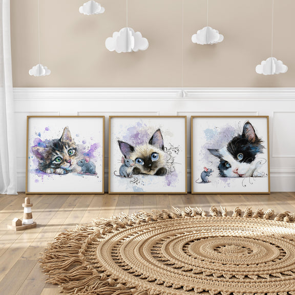 Watercolor Kitten Prints – Nursery Wall Art, Cat Trio (Digital Download)