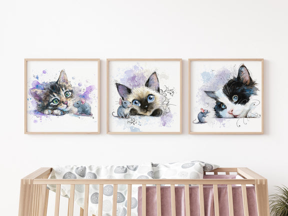 Watercolor Kitten Prints – Nursery Wall Art, Cat Trio (Digital Download)
