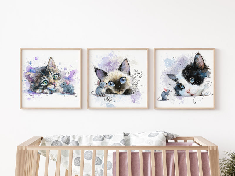 Watercolor Kitten Prints – Nursery Wall Art, Cat Trio (Digital Download)