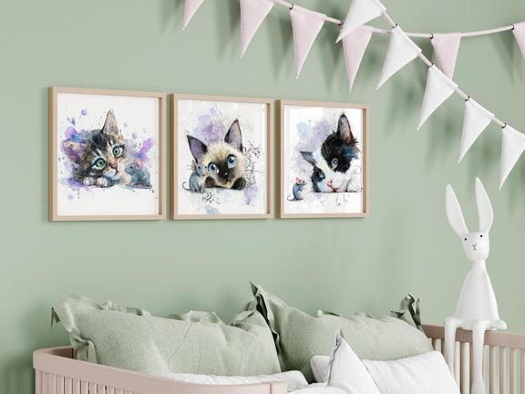 Watercolor Kitten Prints – Nursery Wall Art, Cat Trio (Digital Download)