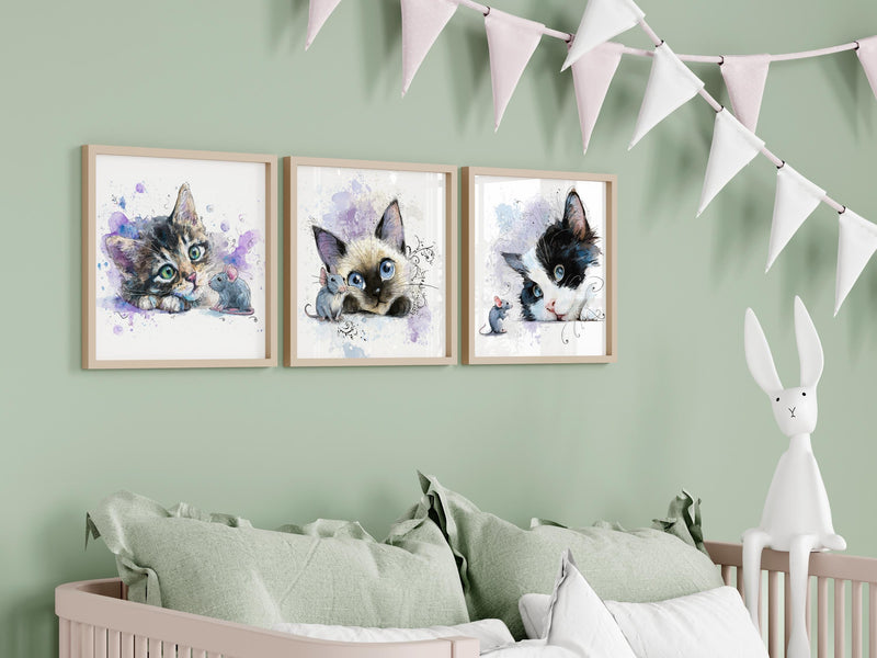 Watercolor Kitten Prints – Nursery Wall Art, Cat Trio (Digital Download)