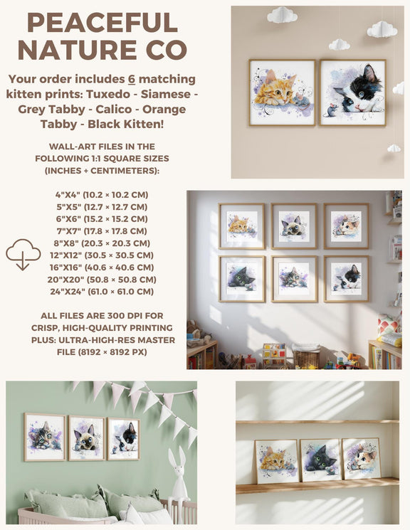 Kitten Nursery Wall Art Set of 6 • Baby Room Cat Prints • Digital Download