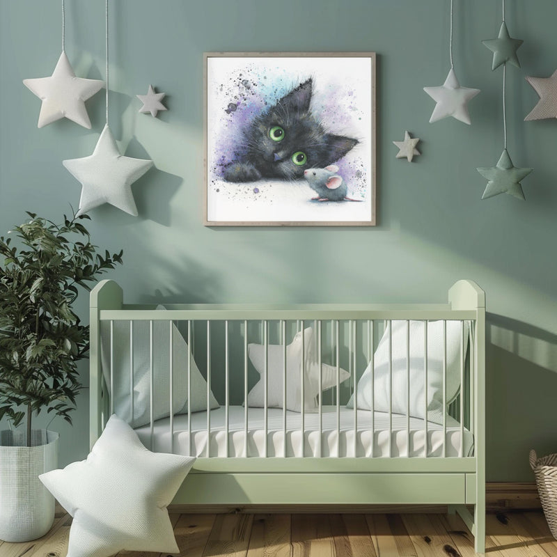 Black Kitten Watercolor Print | Cat & Mouse Nursery Art (Digital Download)