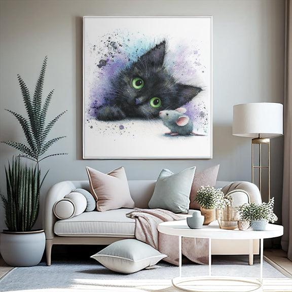 Black Kitten Watercolor Print | Cat & Mouse Nursery Art (Digital Download)