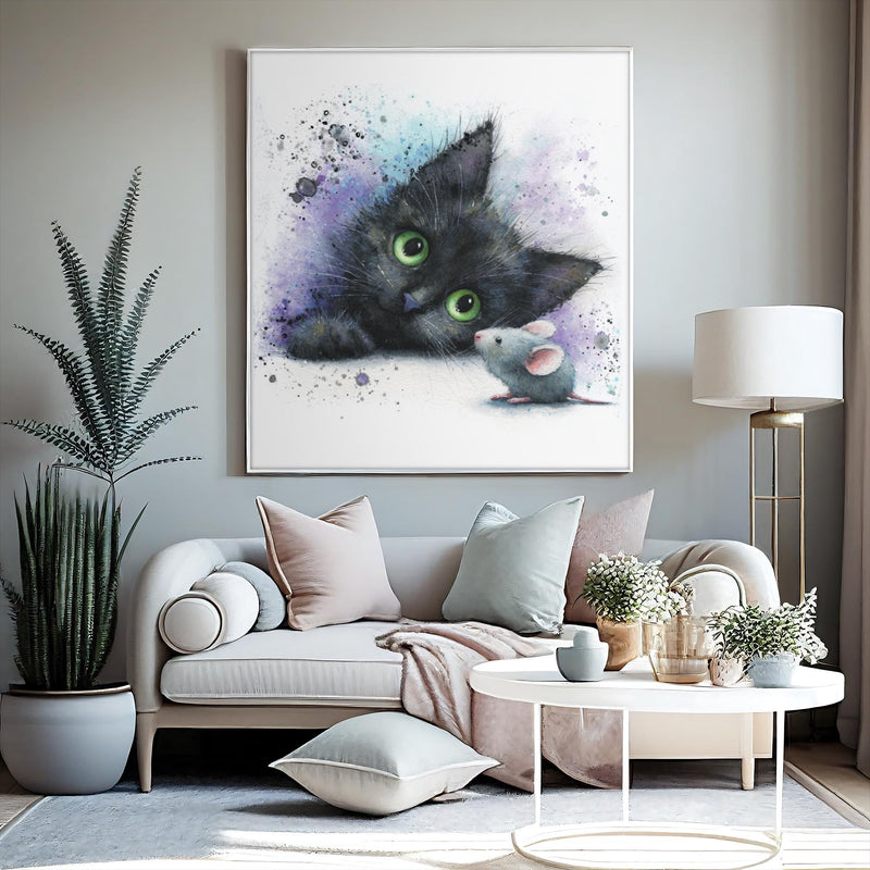 Black Kitten Watercolor Print | Cat & Mouse Nursery Art (Digital Download)