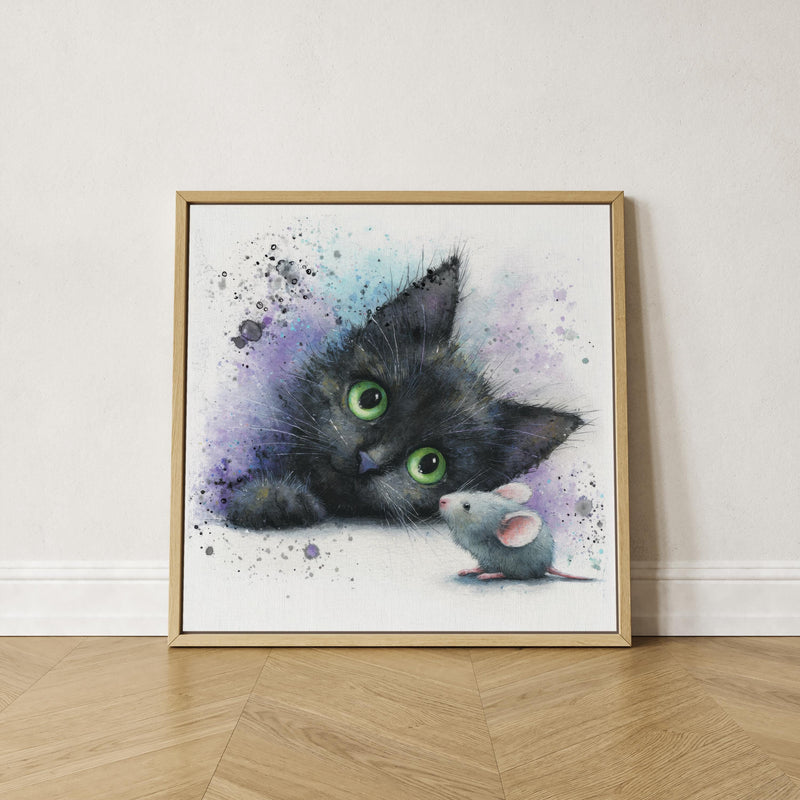 Black Kitten Watercolor Print | Cat & Mouse Nursery Art (Digital Download)