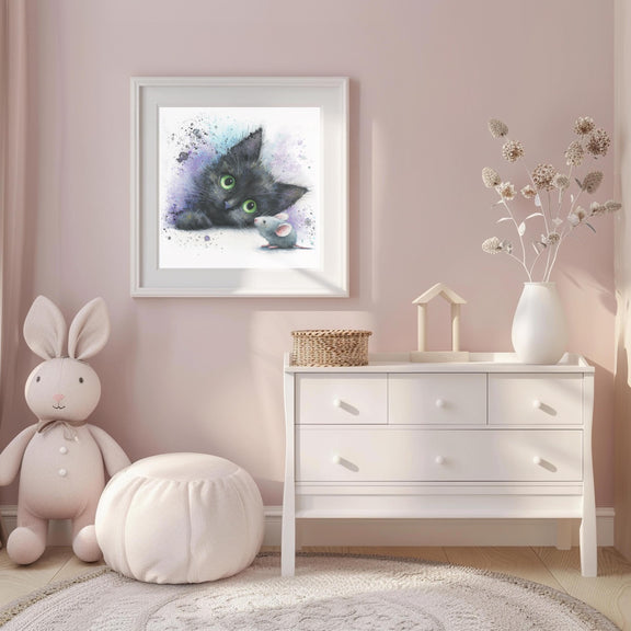 Black Kitten Watercolor Print | Cat & Mouse Nursery Art (Digital Download)