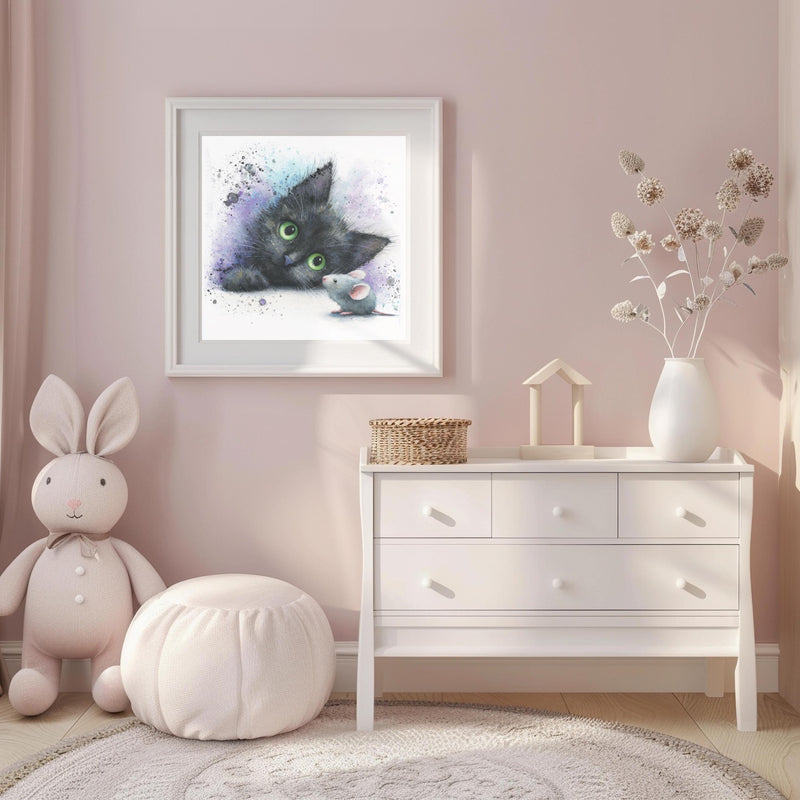 Black Kitten Watercolor Print | Cat & Mouse Nursery Art (Digital Download)