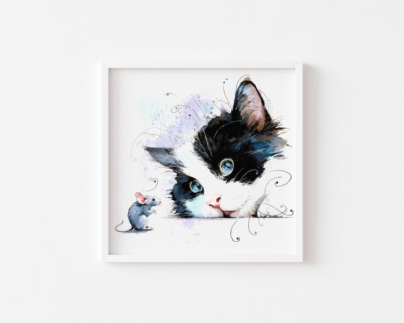 Watercolor Tuxedo Kitten Print, Blue Eyes, Nursery Wall Art (Digital Download)