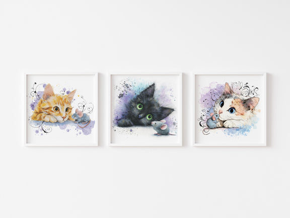 Watercolor Kitten Prints Set – Nursery Cat Wall Art, Baby Room Decor (Digital Download)