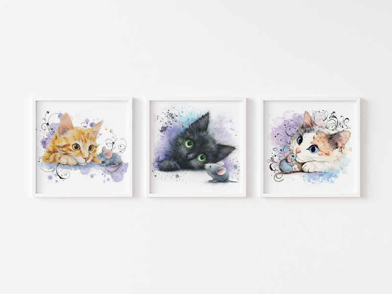 Watercolor Kitten Prints Set – Nursery Cat Wall Art, Baby Room Decor (Digital Download)