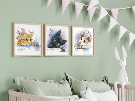 Watercolor Kitten Prints Set – Nursery Cat Wall Art, Baby Room Decor (Digital Download)
