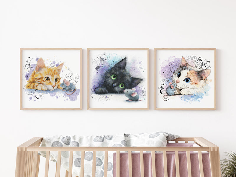 Watercolor Kitten Prints Set – Nursery Cat Wall Art, Baby Room Decor (Digital Download)