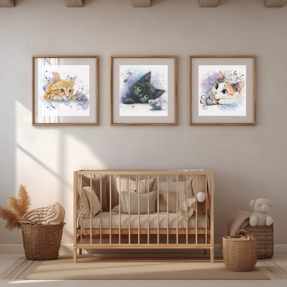 Watercolor Kitten Prints Set – Nursery Cat Wall Art, Baby Room Decor (Digital Download)