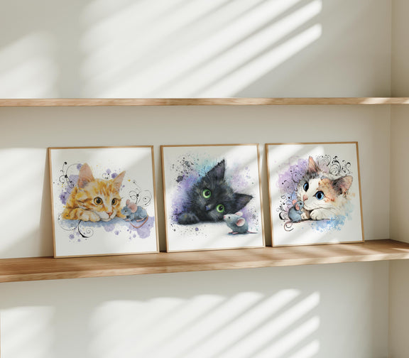 Watercolor Kitten Prints Set – Nursery Cat Wall Art, Baby Room Decor (Digital Download)