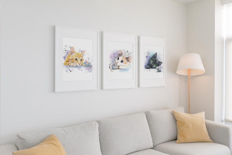 Watercolor Kitten Prints Set – Nursery Cat Wall Art, Baby Room Decor (Digital Download)