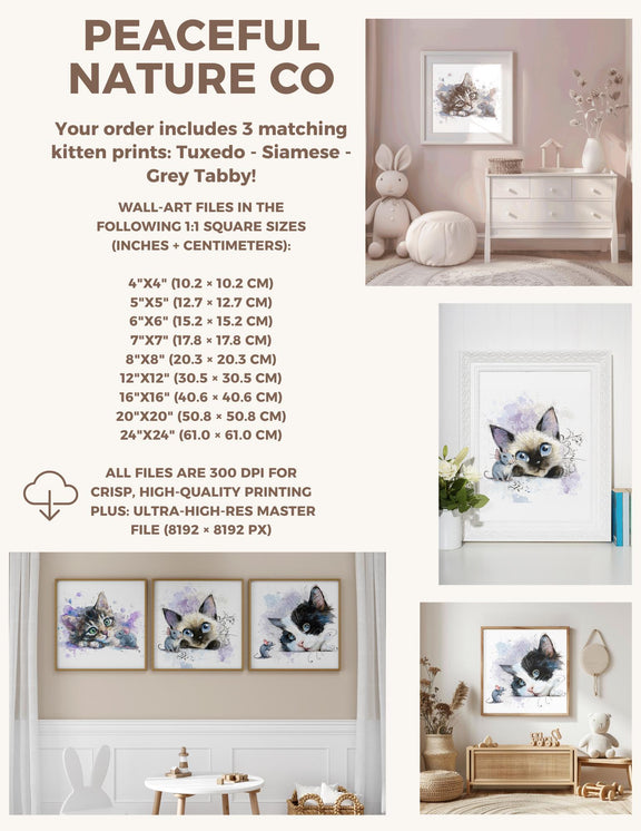 Watercolor Kitten Prints – Nursery Wall Art, Cat Trio (Digital Download)