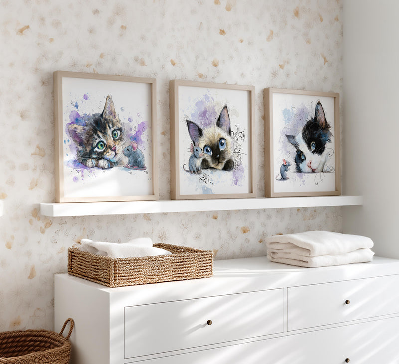 Watercolor Kitten Prints – Nursery Wall Art, Cat Trio (Digital Download)
