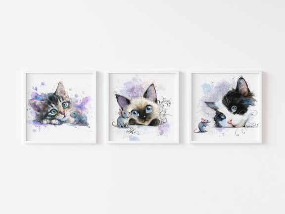 Watercolor Kitten Prints – Nursery Wall Art, Cat Trio (Digital Download)