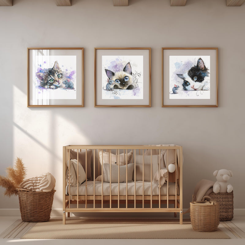 Watercolor Kitten Prints – Nursery Wall Art, Cat Trio (Digital Download)