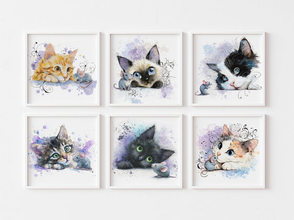 Kitten Nursery Wall Art Set of 6 • Baby Room Cat Prints • Digital Download