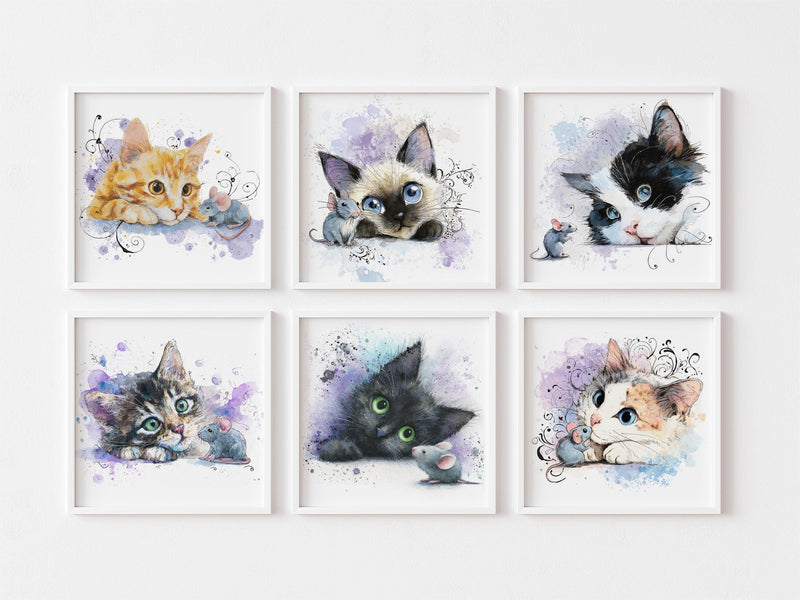 Kitten Nursery Wall Art Set of 6 • Baby Room Cat Prints • Digital Download