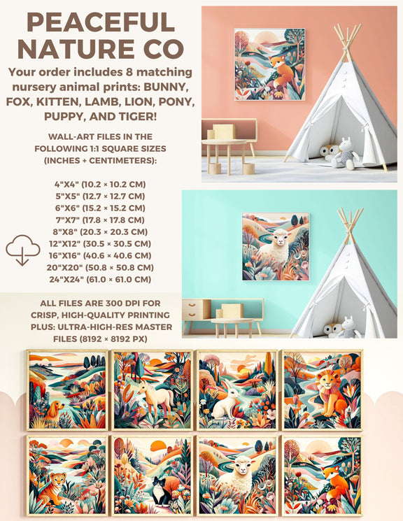 Dopamine Nursery Animal Prints – 8-Pack Colorful Kids Room Wall Art Bundle (Digital Download)