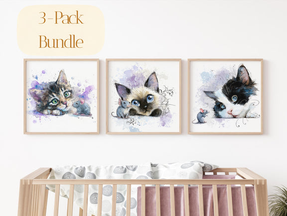 Watercolor Kitten Prints – Nursery Wall Art, Cat Trio (Digital Download)