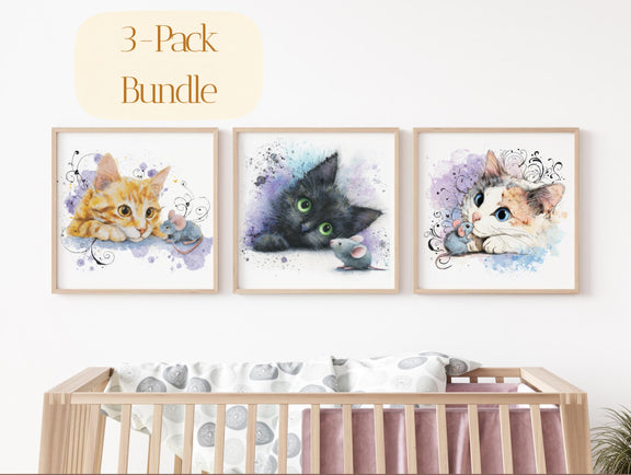 Watercolor Kitten Prints Set – Nursery Cat Wall Art, Baby Room Decor (Digital Download)