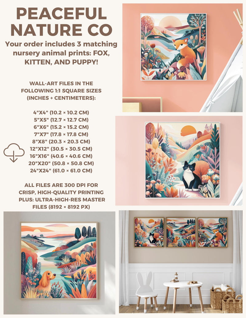 Dopamine Nursery Art Set, Puppy Kitten Fox Prints, Colorful Baby Room Decor (Instant Download)