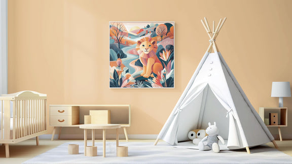 May include: A child's room with a framed watercolor painting of a lion in a landscape. A white teepee tent is in the corner, and a crib and small table are also present. The walls are painted a light peach color.