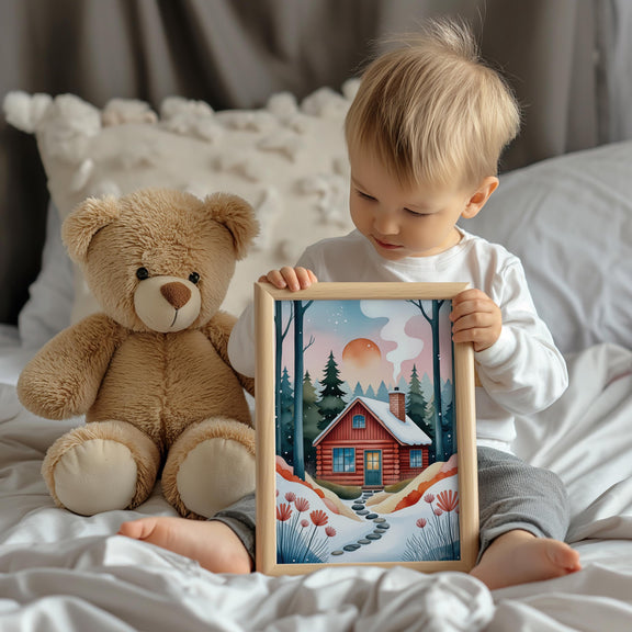 Cozy Winter Cabin Nursery Print, Whimsical Storybook Forest Art (Digital Download)
