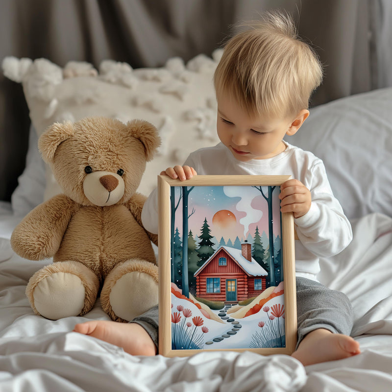 Cozy Winter Cabin Nursery Print, Whimsical Storybook Forest Art (Digital Download)