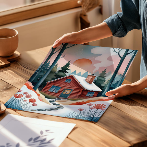 Cozy Winter Cabin Nursery Print, Whimsical Storybook Forest Art (Digital Download)