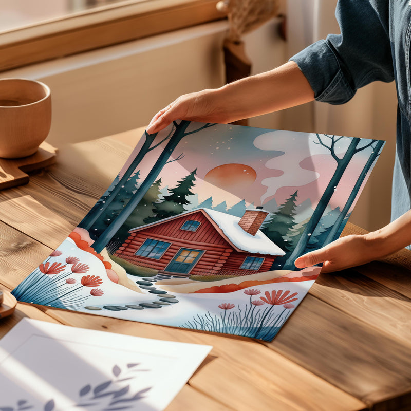 Cozy Winter Cabin Nursery Print, Whimsical Storybook Forest Art (Digital Download)
